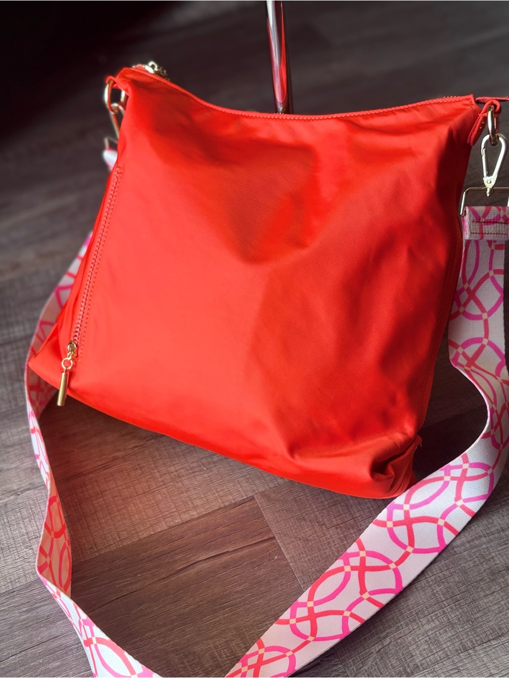 Charlie Wās Here Neon Coral Nylon Crossbody Hobo Bag Pink Statement Strap